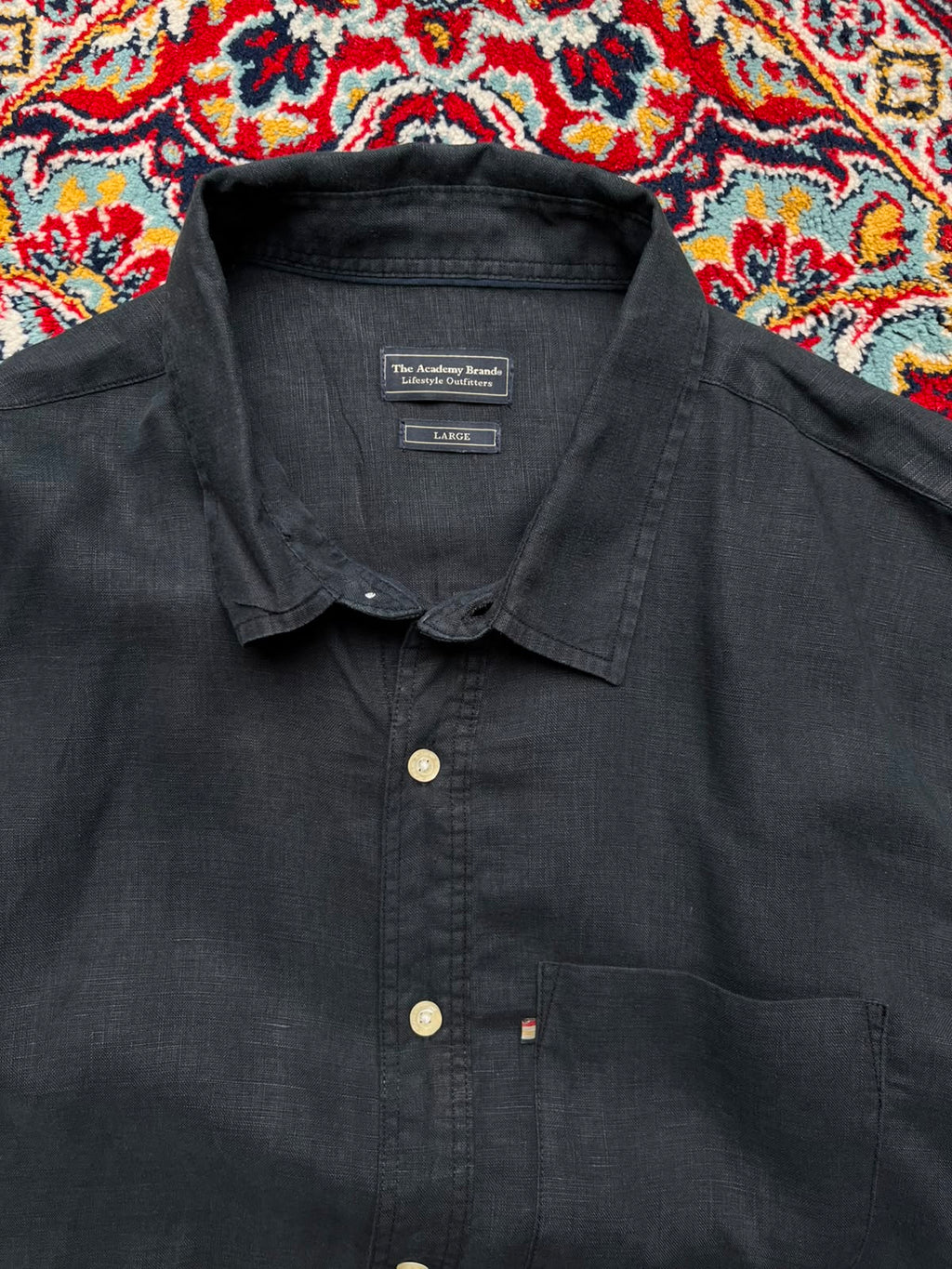 THE ACADEMY BRAND Solid Black Linen BUTTON DOWN SHIRT - L