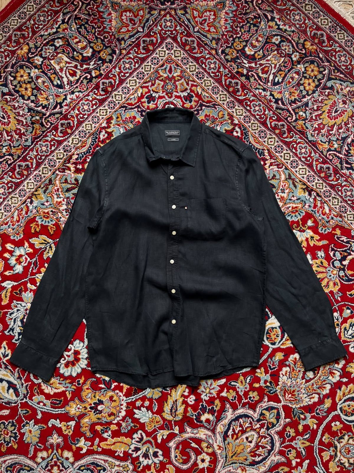 THE ACADEMY BRAND Solid Black Linen BUTTON DOWN SHIRT - L
