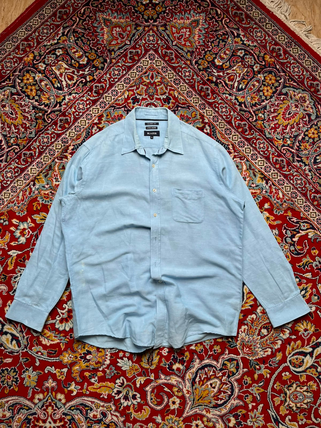 BLAZER Light Blue Linen Cotton Blend Classic Fit Casual BUTTON DOWN SHIRT - XL