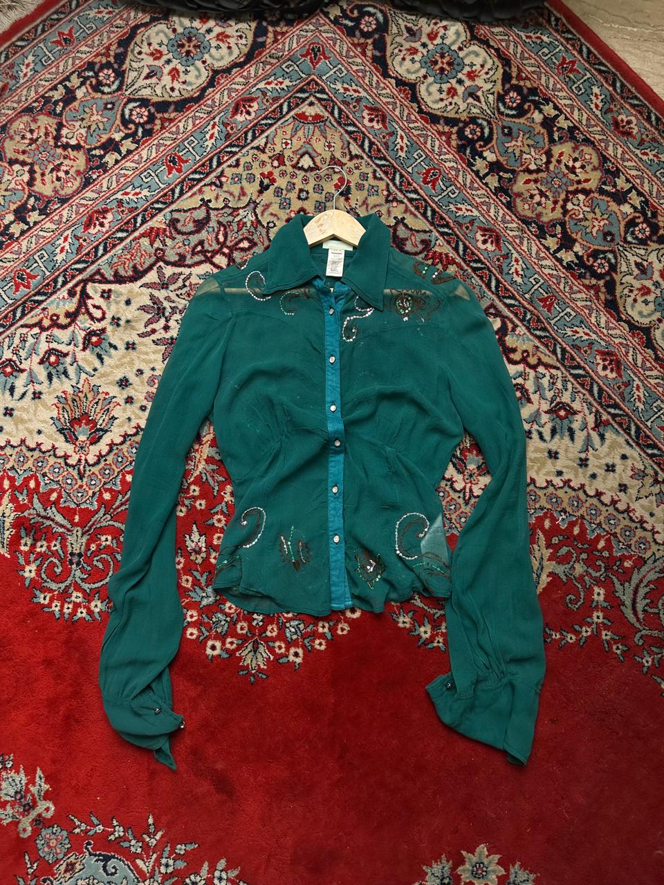 Vintage DIESEL Silk Trim Sheer EMBROIDERED Teal Green SHIRT - M