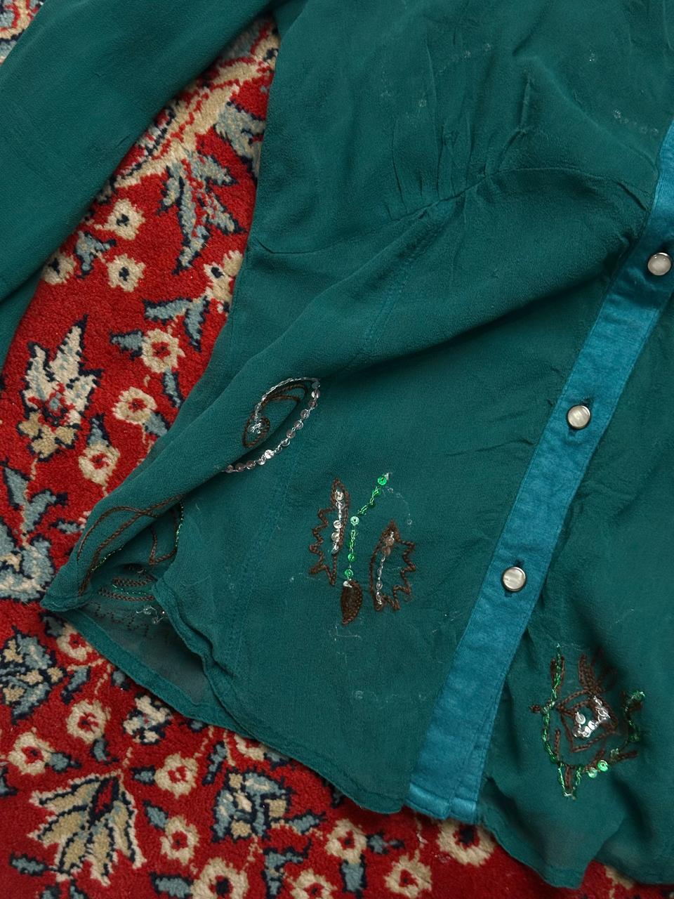 Vintage DIESEL Silk Trim Sheer EMBROIDERED Teal Green SHIRT - M