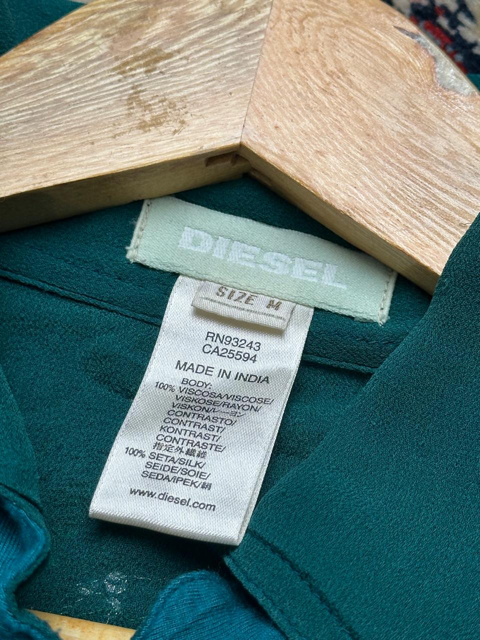Vintage DIESEL Silk Trim Sheer EMBROIDERED Teal Green SHIRT - M