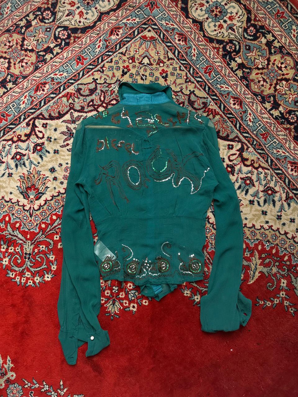 Vintage DIESEL Silk Trim Sheer EMBROIDERED Teal Green SHIRT - M