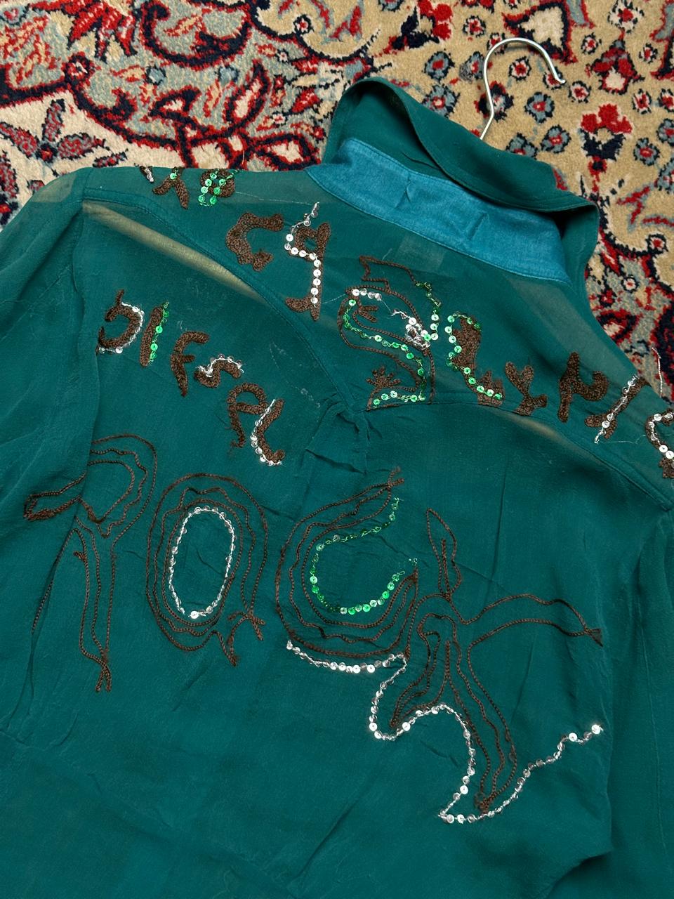 Vintage DIESEL Silk Trim Sheer EMBROIDERED Teal Green SHIRT - M