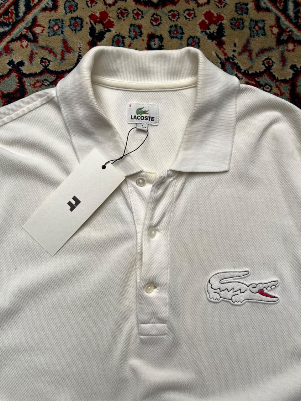 VINTAGE LACOSTE WHITE COTTON POLO TEE - L
