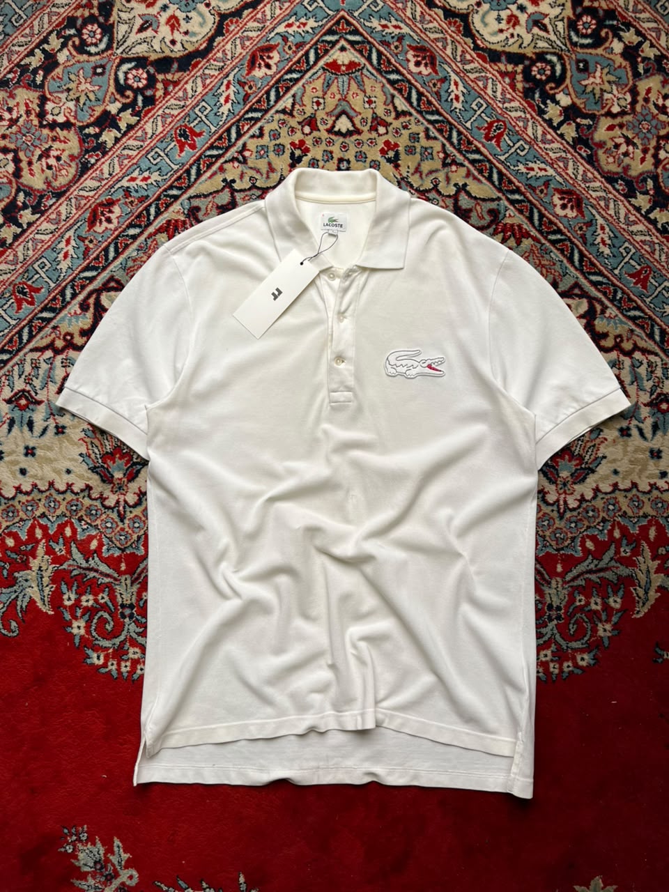 VINTAGE LACOSTE WHITE COTTON POLO TEE - L