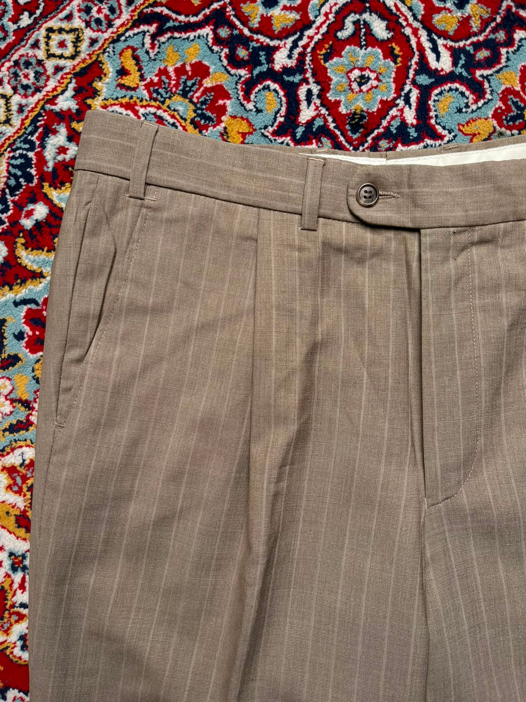 Oxford Men's Khaki Pinstripe Double Pleated Dress Pants - 34