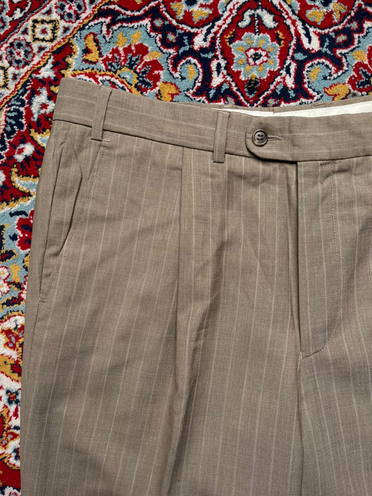 Oxford Men's Khaki Pinstripe Double Pleated Dress Pants - 34