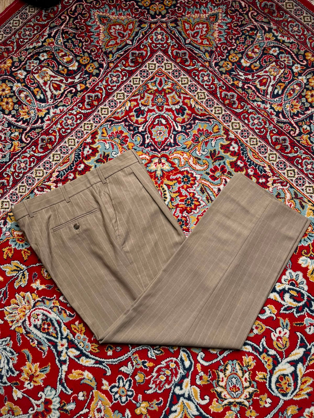 Oxford Men's Khaki Pinstripe Double Pleated Dress Pants - 34