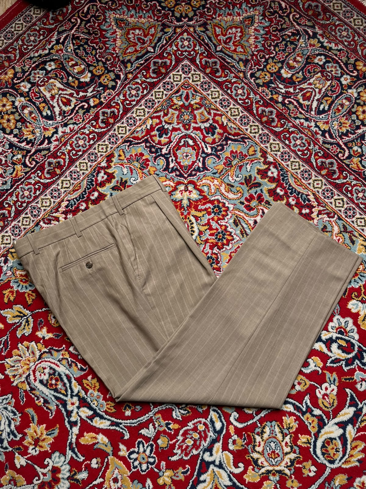 Oxford Men's Khaki Pinstripe Double Pleated Dress Pants - 34