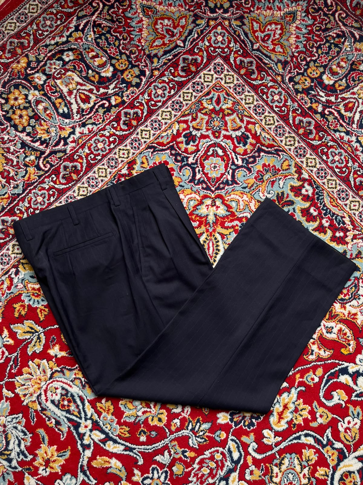 Vintage Tailored Pleated Pinstripe Navy Blue Relaxed Fit Dress Pants - 32