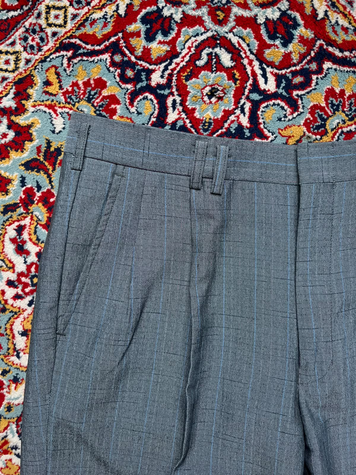 Vintage Rothmans Grey/Blue Textured Grid Pattern Straight Fit Pleated Dress Pants - 30