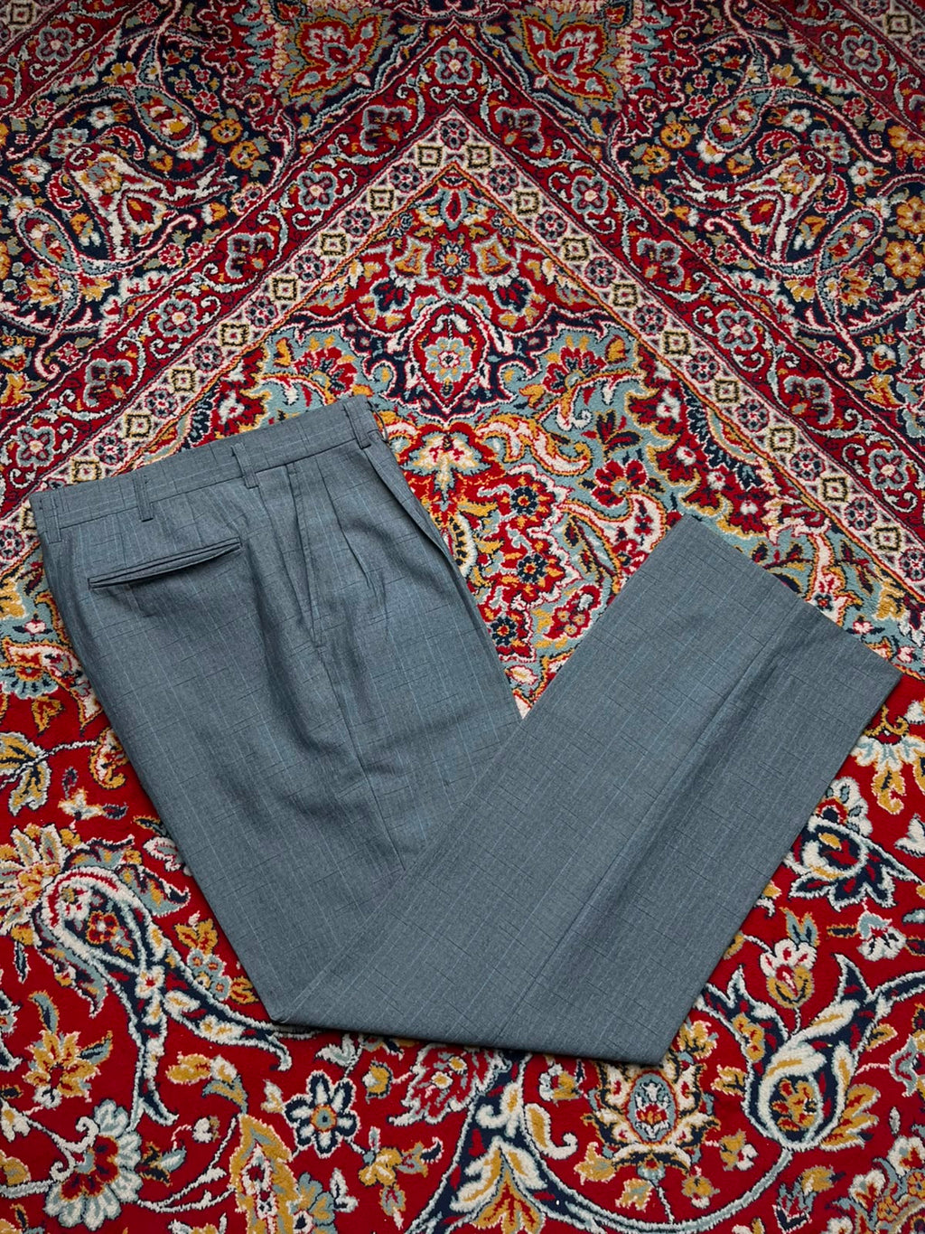 Vintage Rothmans Grey/Blue Textured Grid Pattern Straight Fit Pleated Dress Pants - 30