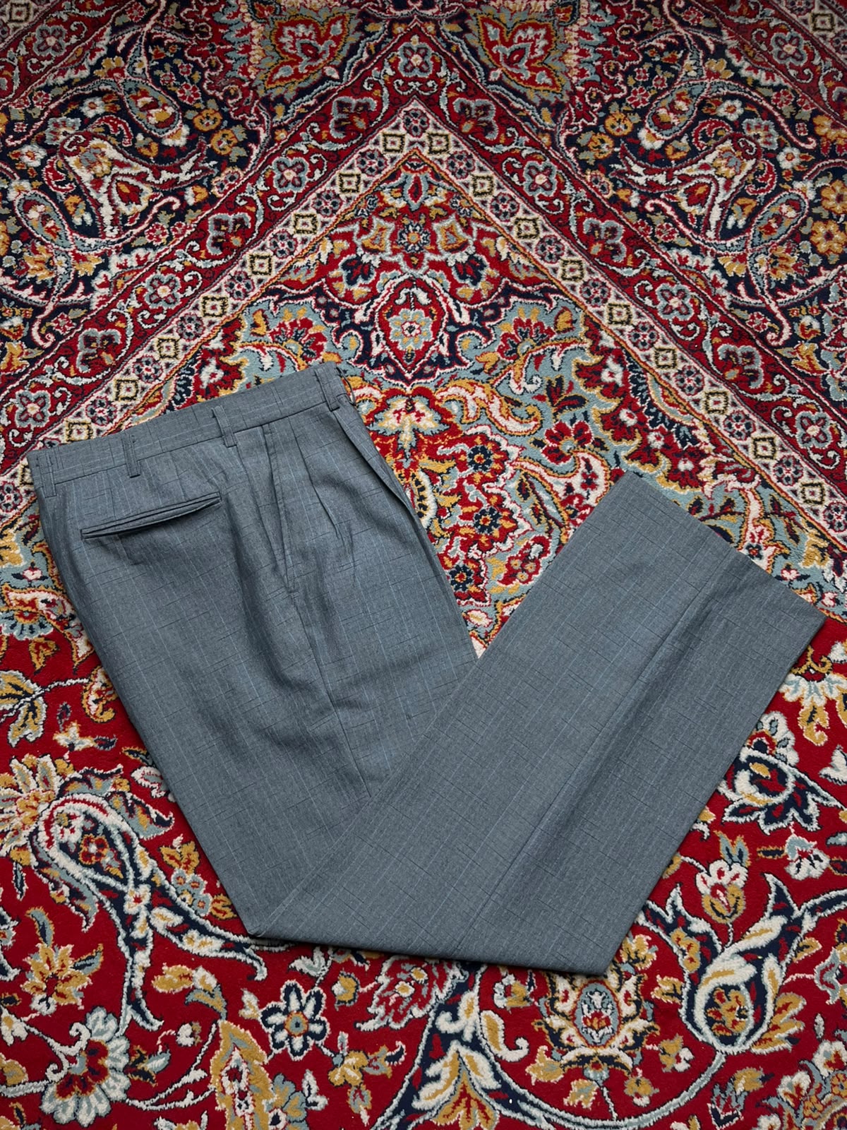 Vintage Rothmans Grey/Blue Textured Grid Pattern Straight Fit Pleated Dress Pants - 30