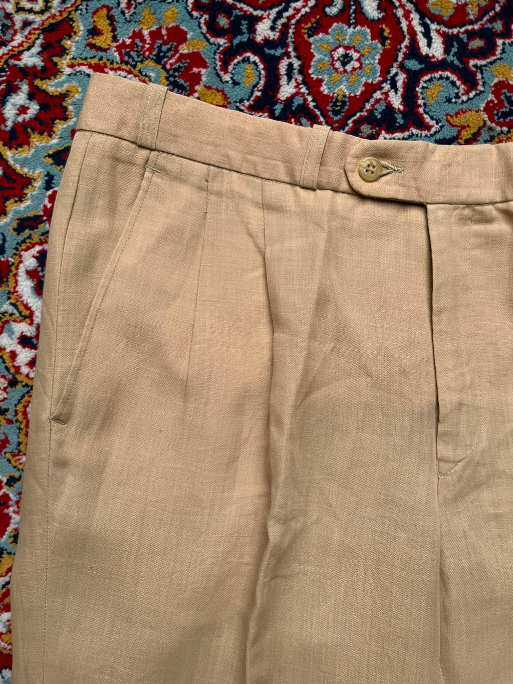 Vintage Khaki Linen Blend Single Pleated Straight Fit Dress Pants - 32