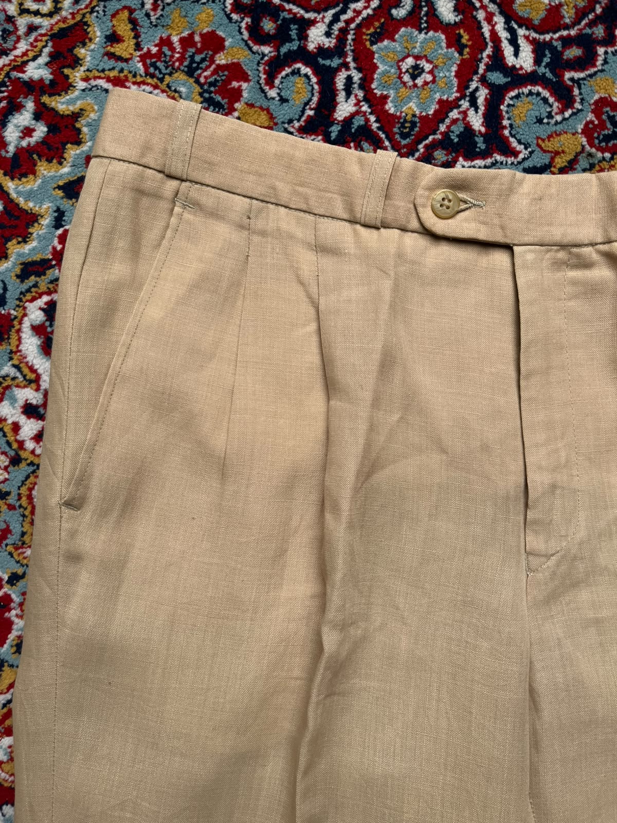Vintage Khaki Linen Blend Single Pleated Straight Fit Dress Pants - 32