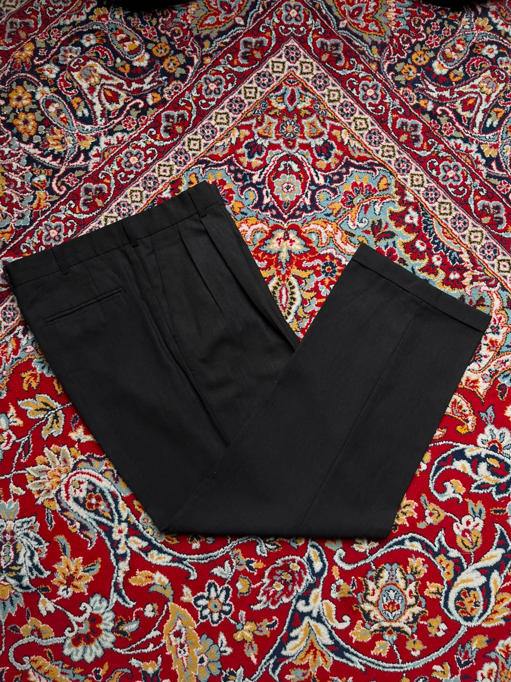 Vintage Sidae Lion Crest Textured Black Cuffed Double Pleated Dress Pants - 34