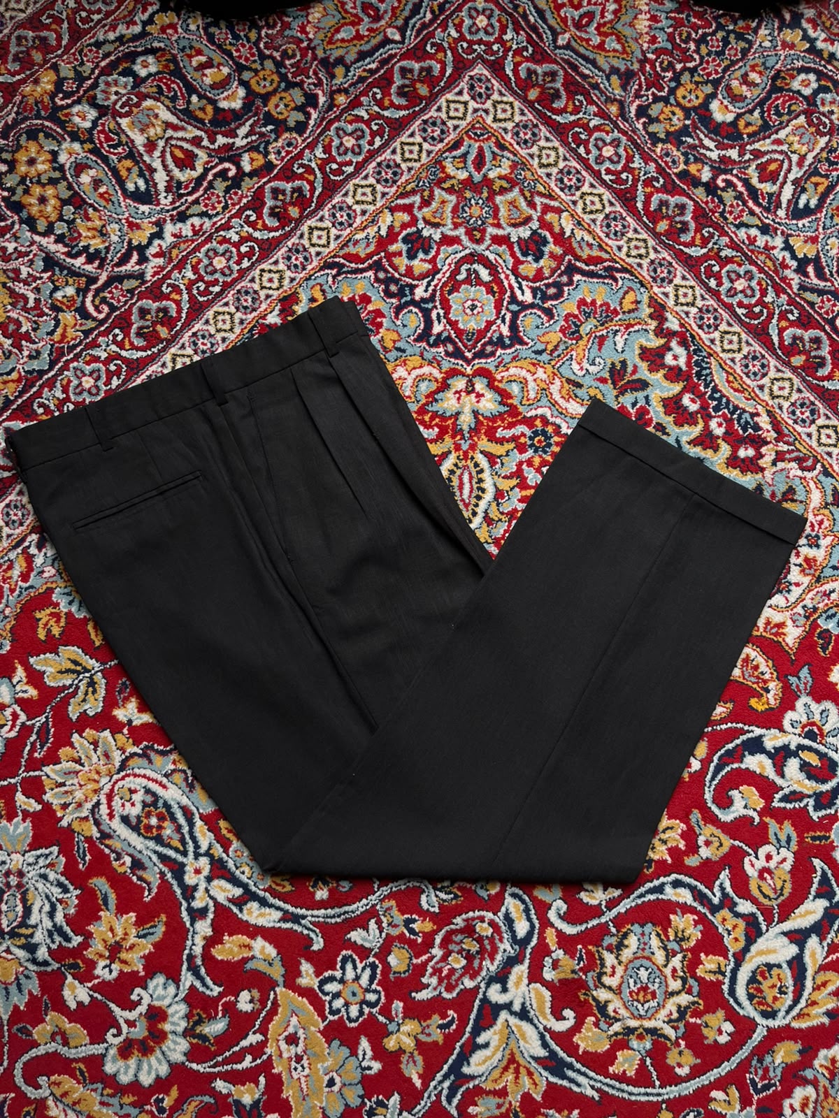 Vintage Sidae Lion Crest Textured Black Cuffed Double Pleated Dress Pants - 34