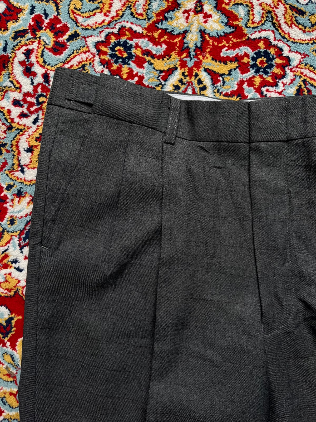 Vintage Japanese Grey Plaid Pleated Adjustable Straight Fit Dress Pants - 32