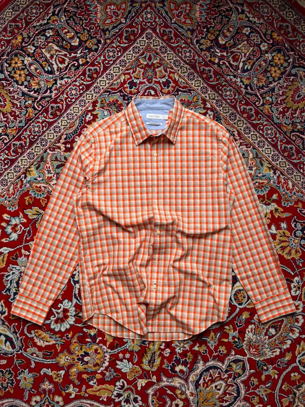Nautica Wrinkle Resistant Orange Plaid Check BUTTON DOWN SHIRT - XL