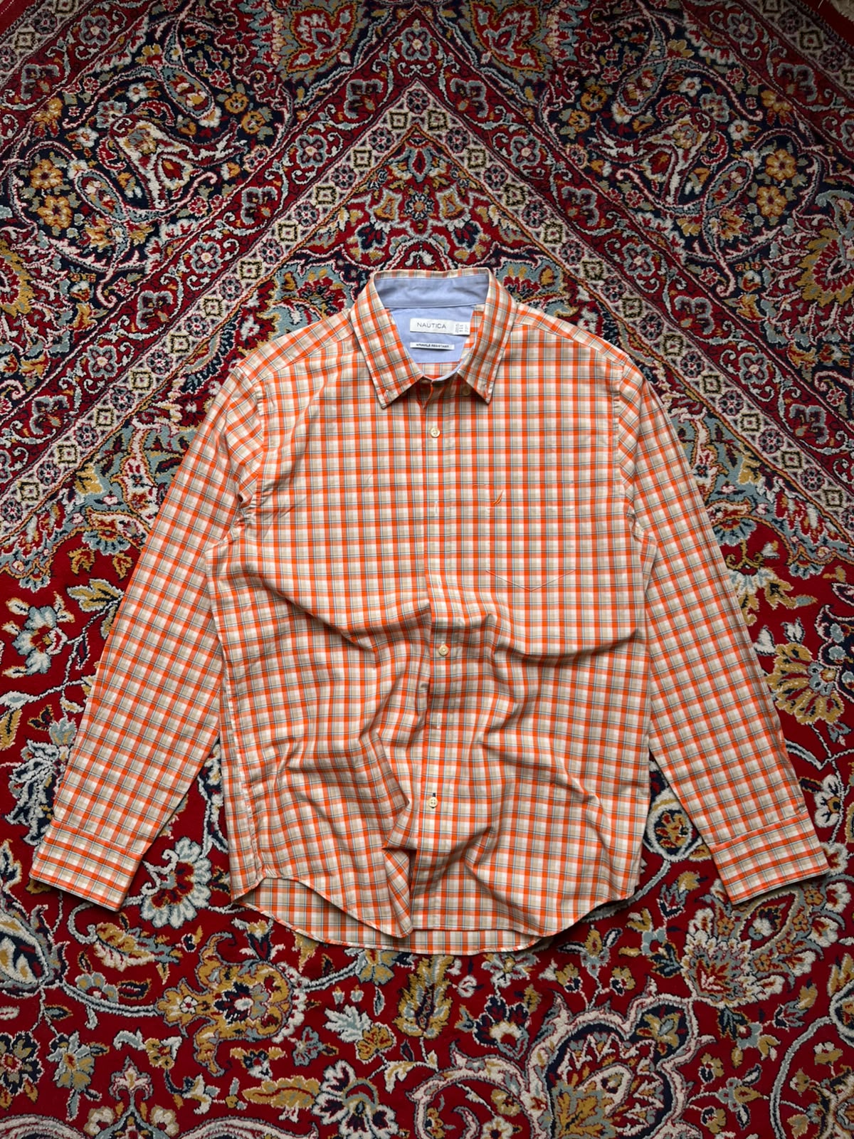 Nautica Wrinkle Resistant Orange Plaid Check BUTTON DOWN SHIRT - XL
