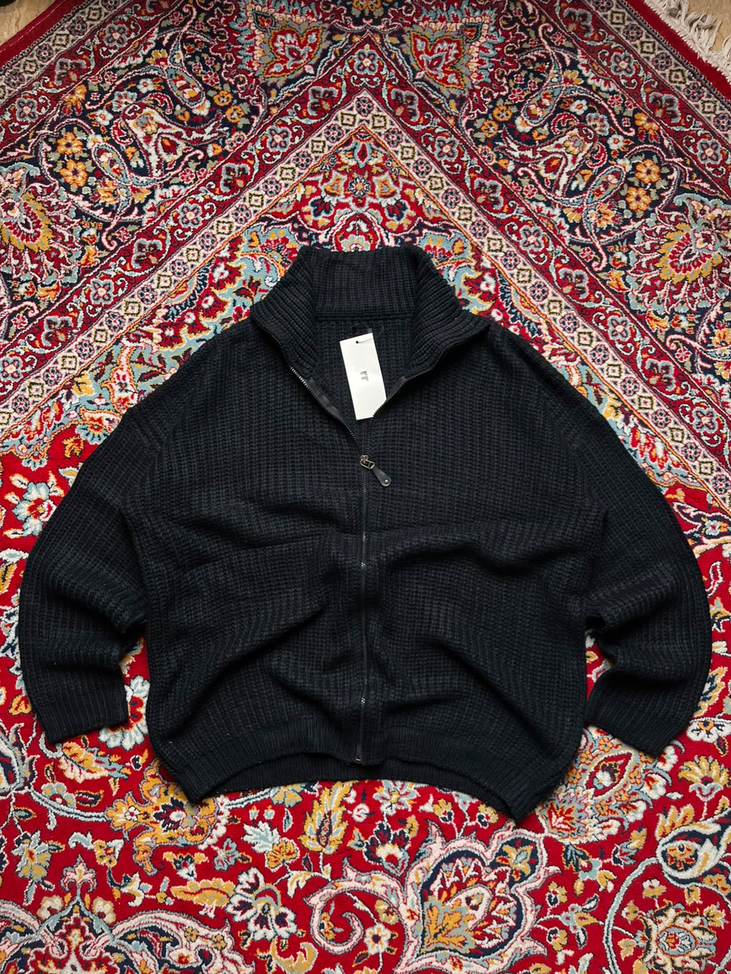 Hayounsuk Black Heavy Ribbed Full Zip Mock Neck Sweaters - L