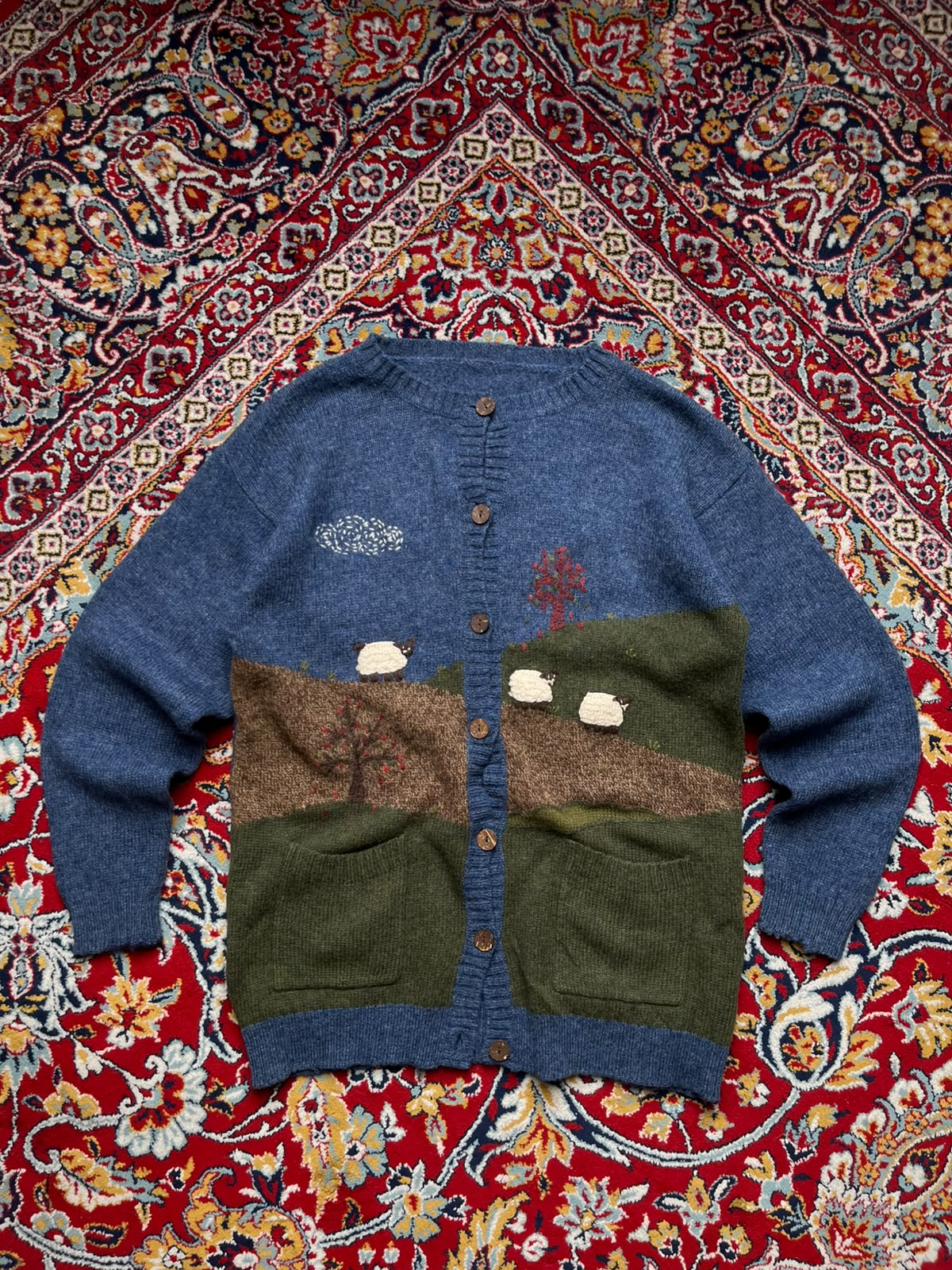 Vintage Lambswool Nature Landscape Knit Cardigan - M