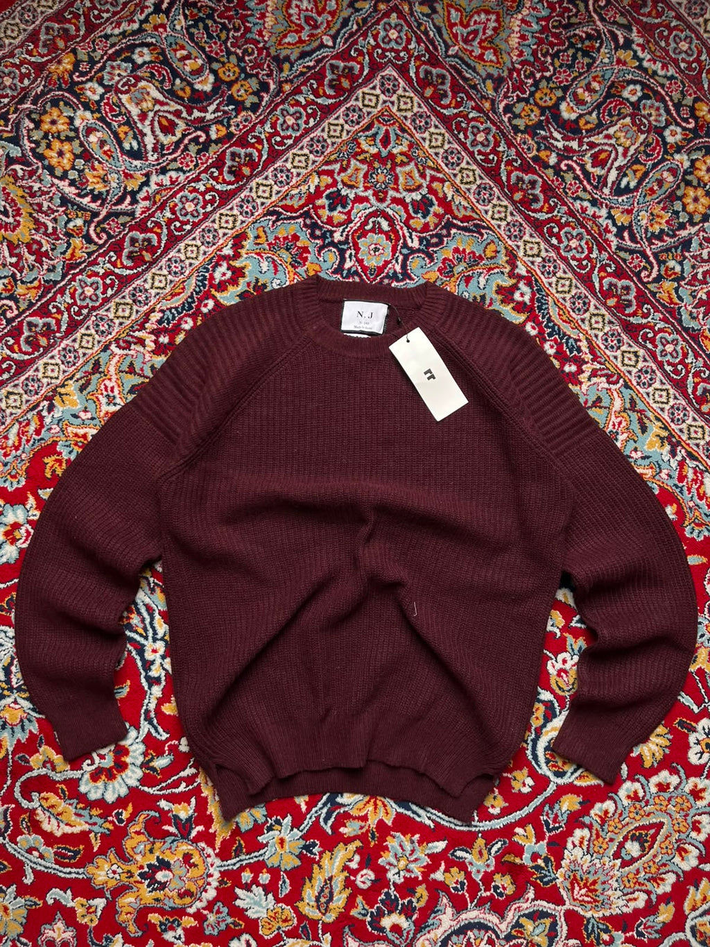 N J Maroon Ribbed Knit Raglan Crewneck Sweaters - XL