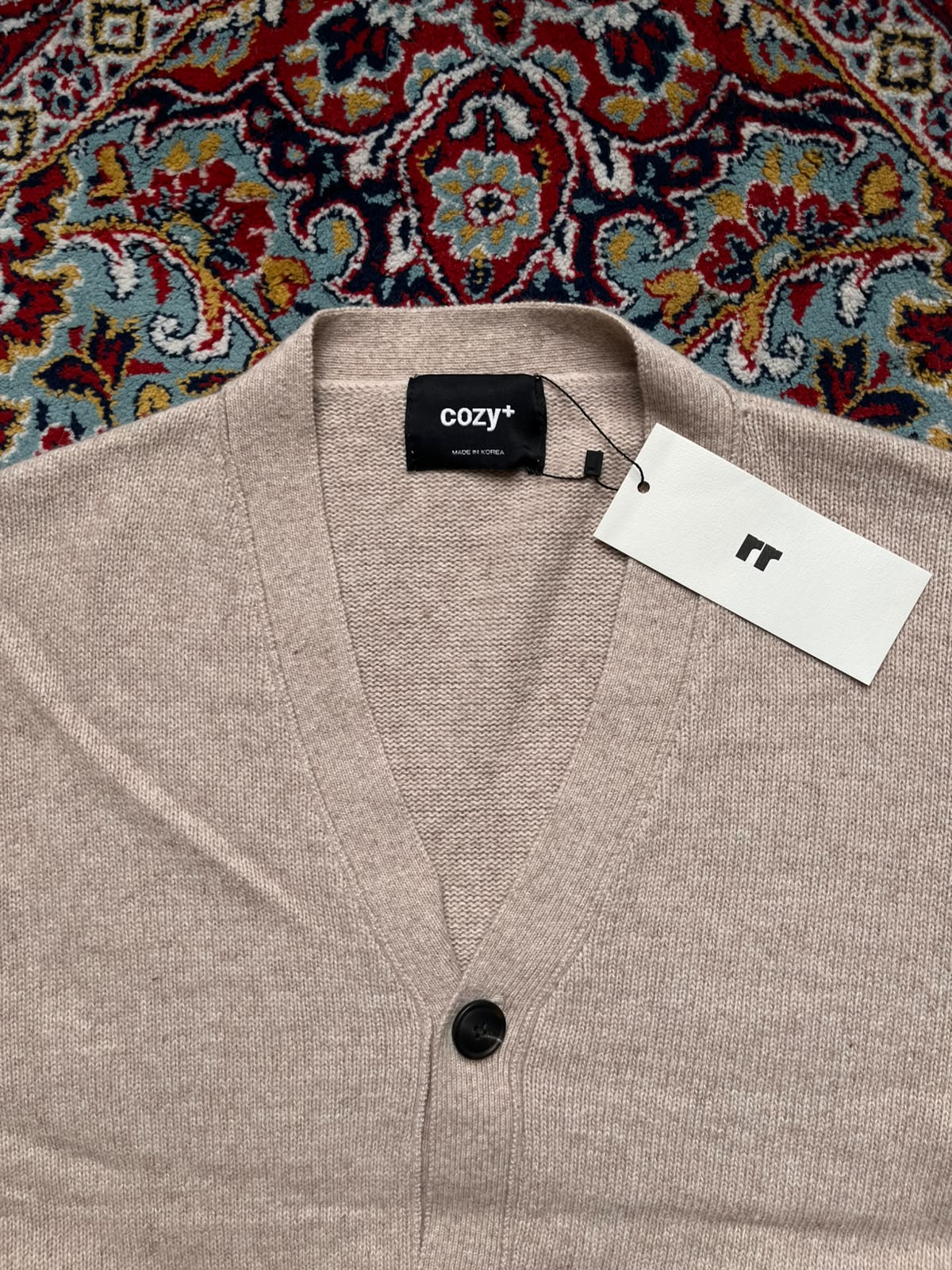 Cozy+ Beige Knit V-Neck Button Up Cardigan - L