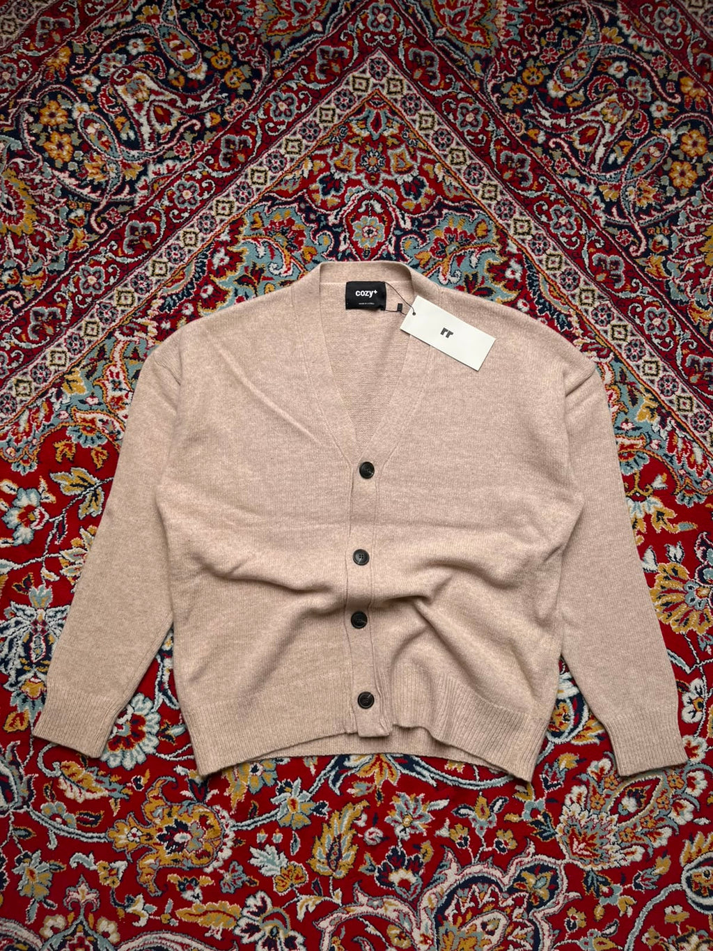 Cozy+ Beige Knit V-Neck Button Up Cardigan - L