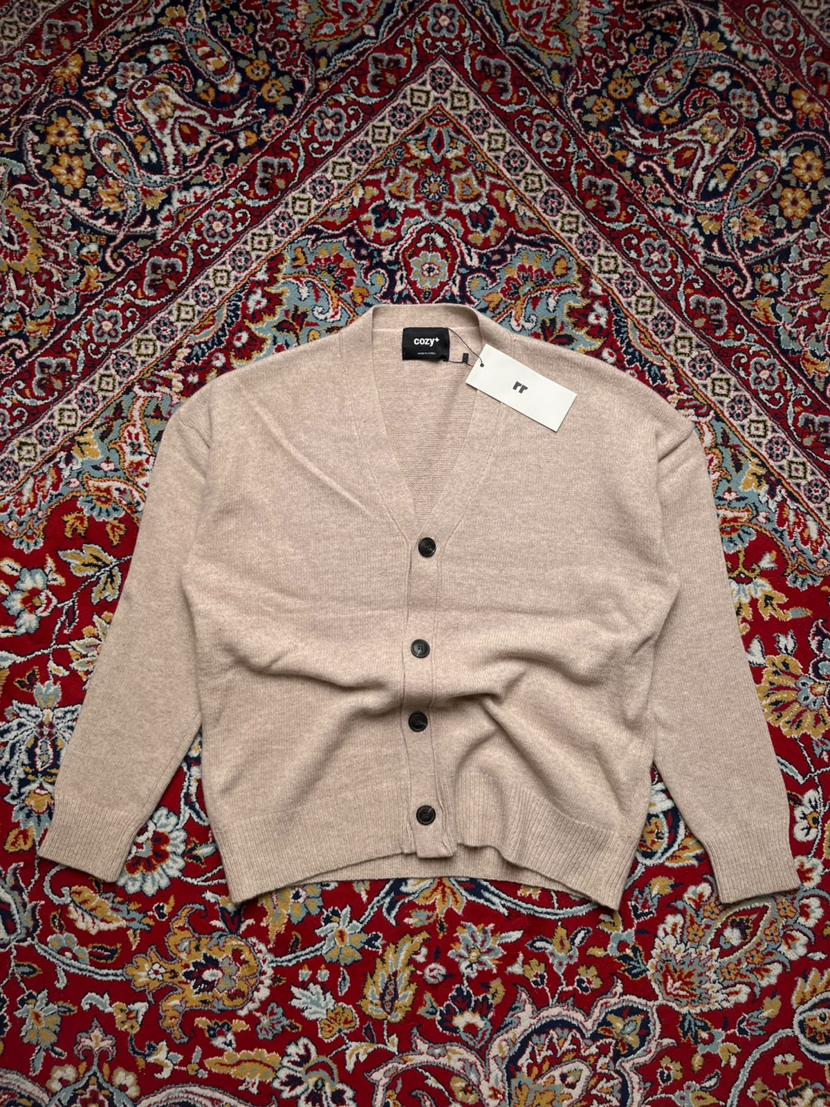 Cozy+ Beige Knit V-Neck Button Up Cardigan - L