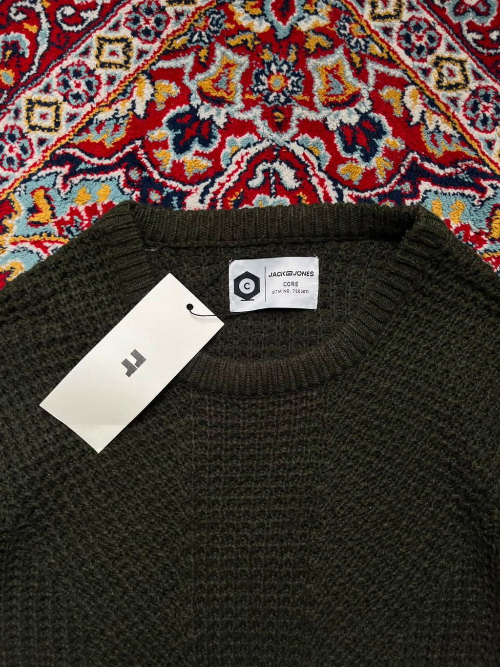 Jack & Jones Core Olive Green Waffle Textured Crew Neck Sweaters - XL