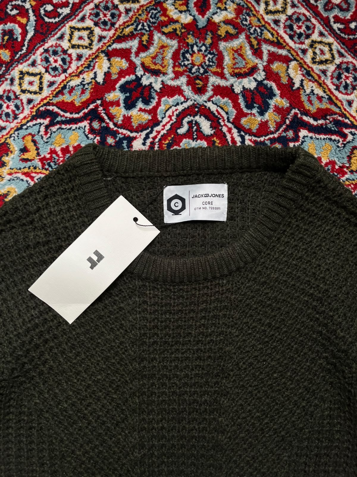 Jack & Jones Core Olive Green Waffle Textured Crew Neck Sweaters - XL