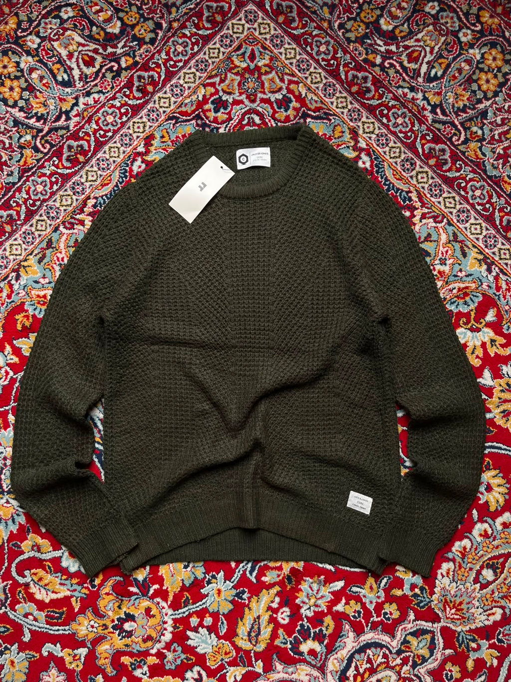 Jack & Jones Core Olive Green Waffle Textured Crew Neck Sweaters - XL