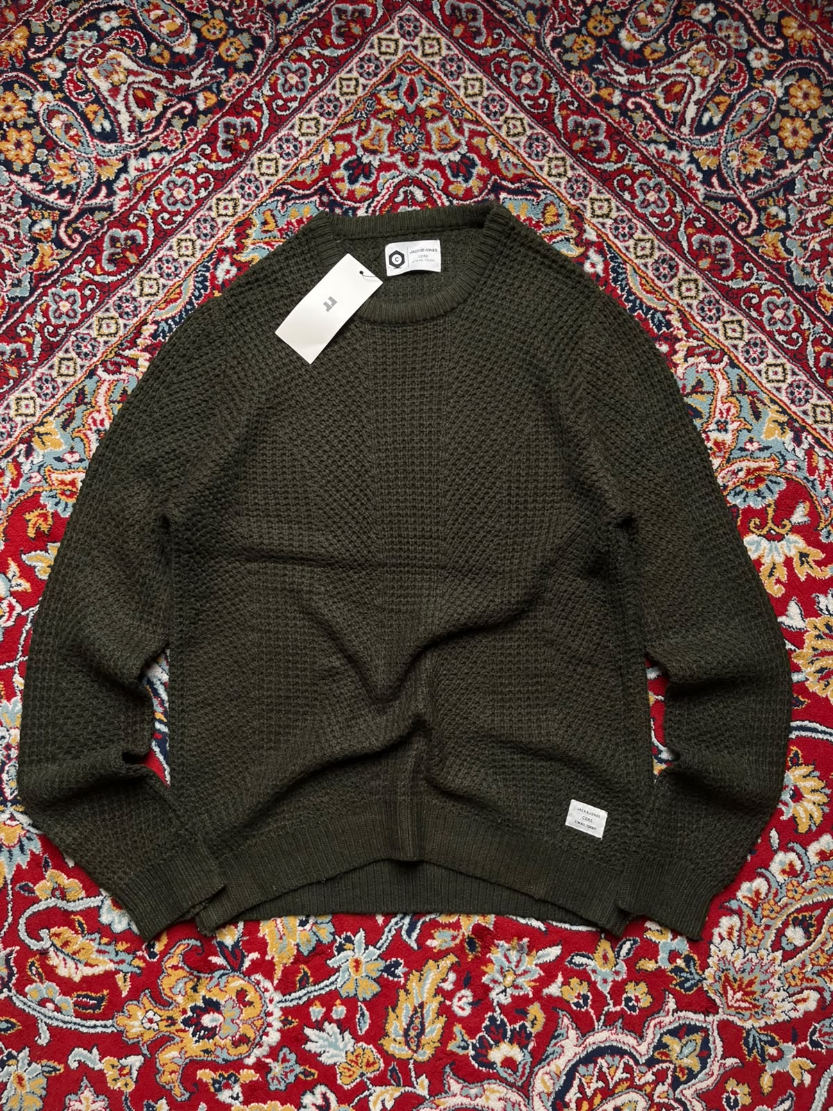 Jack & Jones Core Olive Green Waffle Textured Crew Neck Sweaters - XL