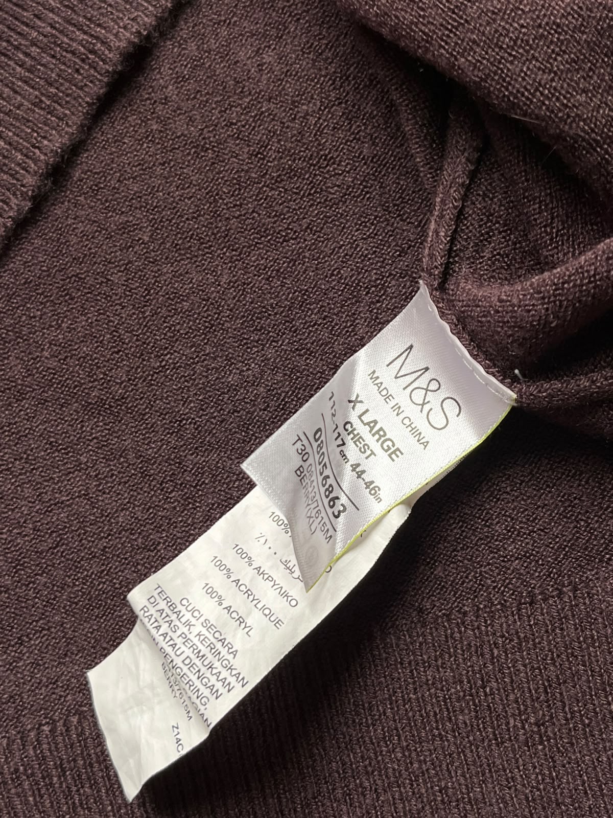 Marks & Spencer Berry Burgundy Solid V-Neck Knit Pullover Sweaters - XL