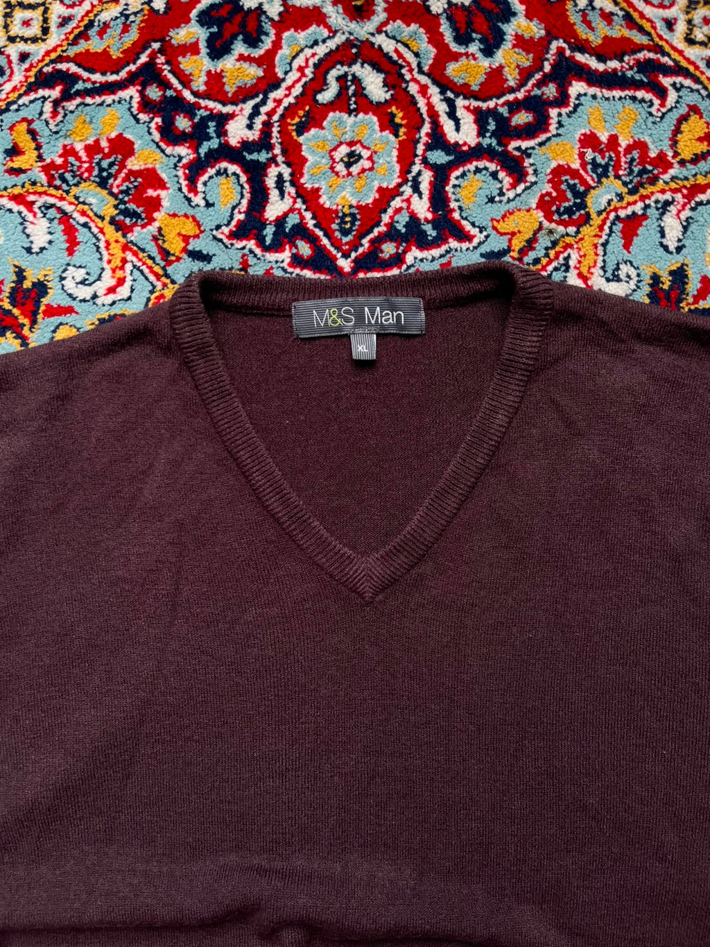 Marks & Spencer Berry Burgundy Solid V-Neck Knit Pullover Sweaters - XL