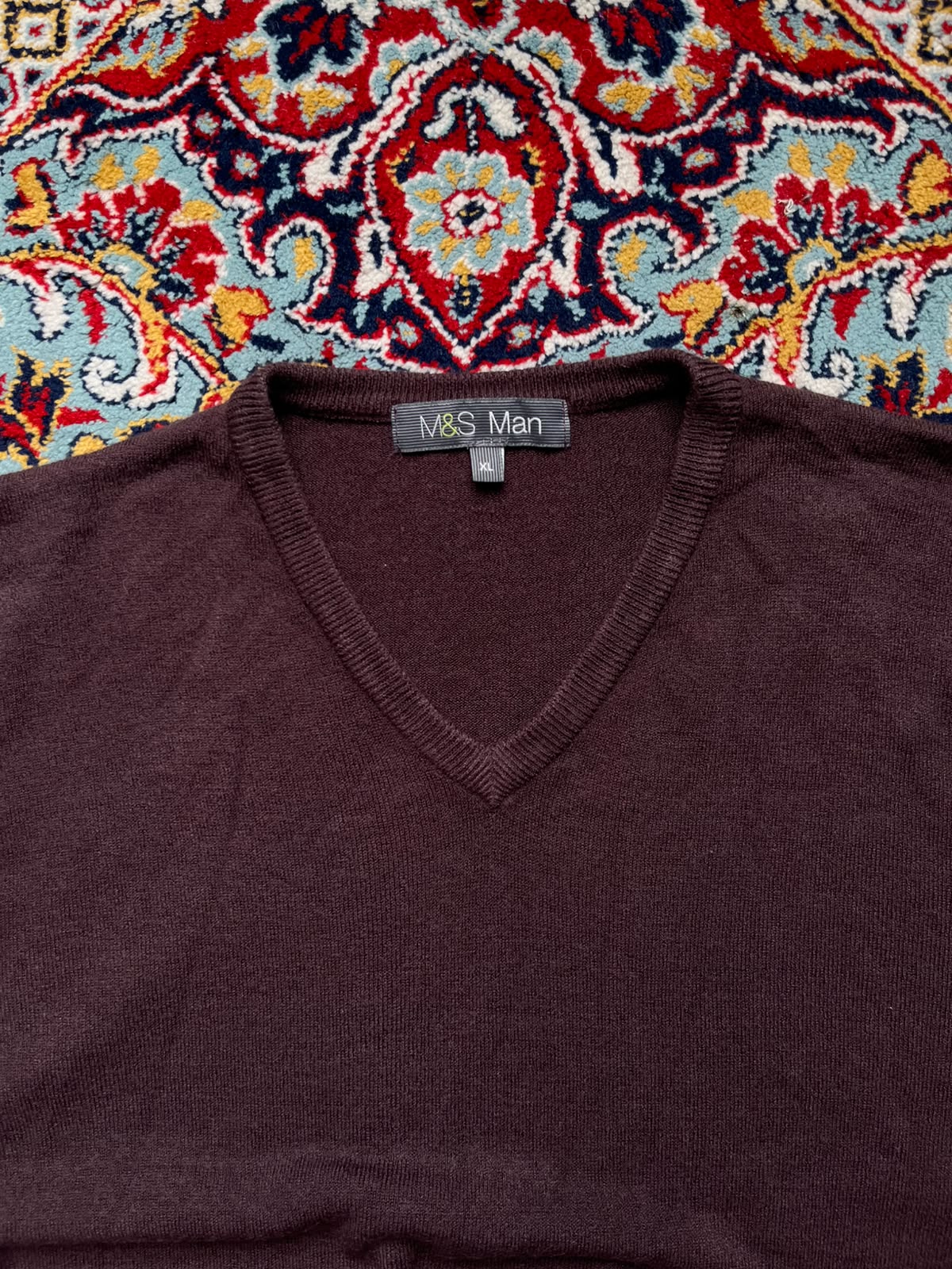 Marks & Spencer Berry Burgundy Solid V-Neck Knit Pullover Sweaters - XL