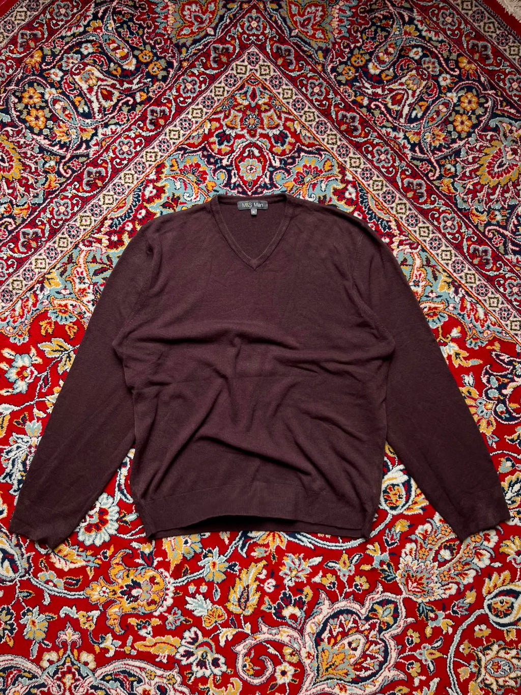 Marks & Spencer Berry Burgundy Solid V-Neck Knit Pullover Sweaters - XL