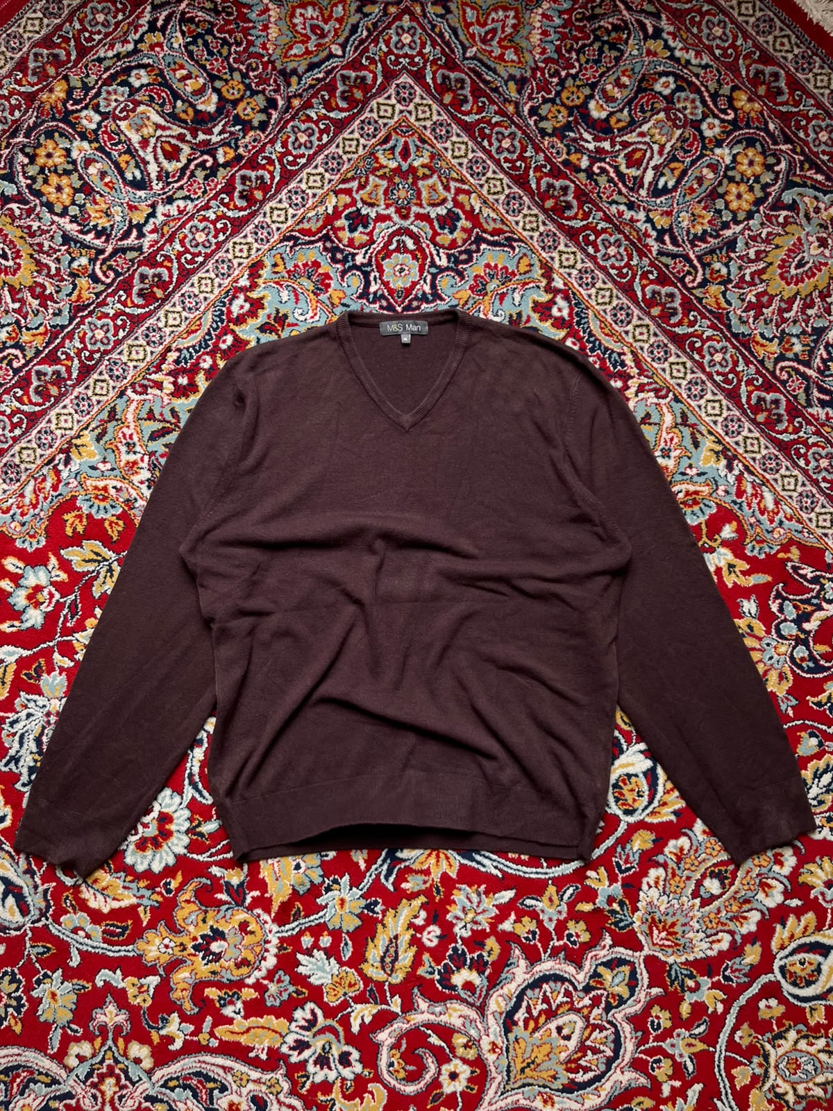 Marks & Spencer Berry Burgundy Solid V-Neck Knit Pullover Sweaters - XL