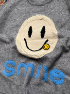 Gray Graphic Smiley Face Chenille Patch Crew Neck Pullover Sweaters - S