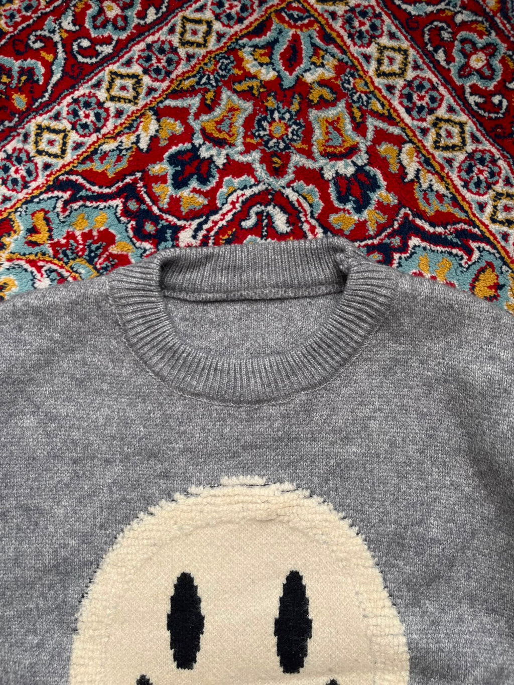 Gray Graphic Smiley Face Chenille Patch Crew Neck Pullover Sweaters - S
