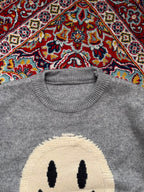Gray Graphic Smiley Face Chenille Patch Crew Neck Pullover Sweaters - S