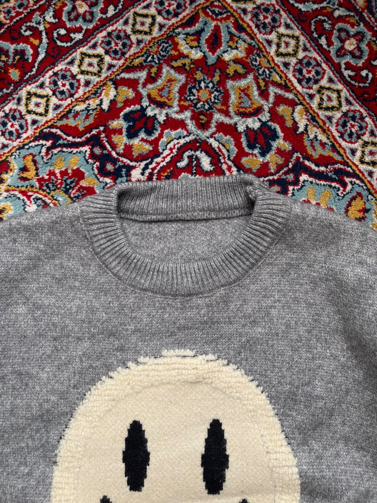 Gray Graphic Smiley Face Chenille Patch Crew Neck Pullover Sweaters - S