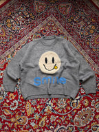 Gray Graphic Smiley Face Chenille Patch Crew Neck Pullover Sweaters - S