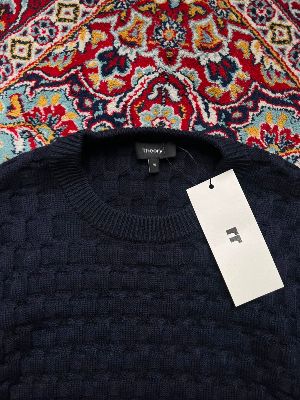 Theory Navy Blue Cashwool Basketweave Waffle Knit Crewneck Sweater - L
