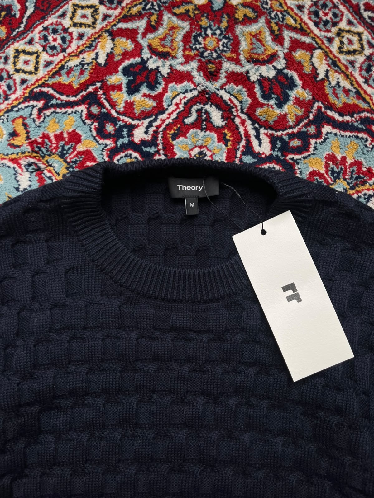 Theory Navy Blue Cashwool Basketweave Waffle Knit Crewneck Sweater - L