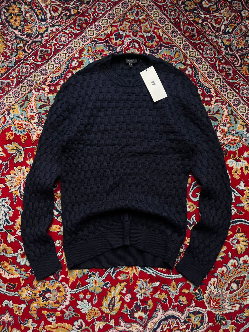 Theory Navy Blue Cashwool Basketweave Waffle Knit Crewneck Sweater - L