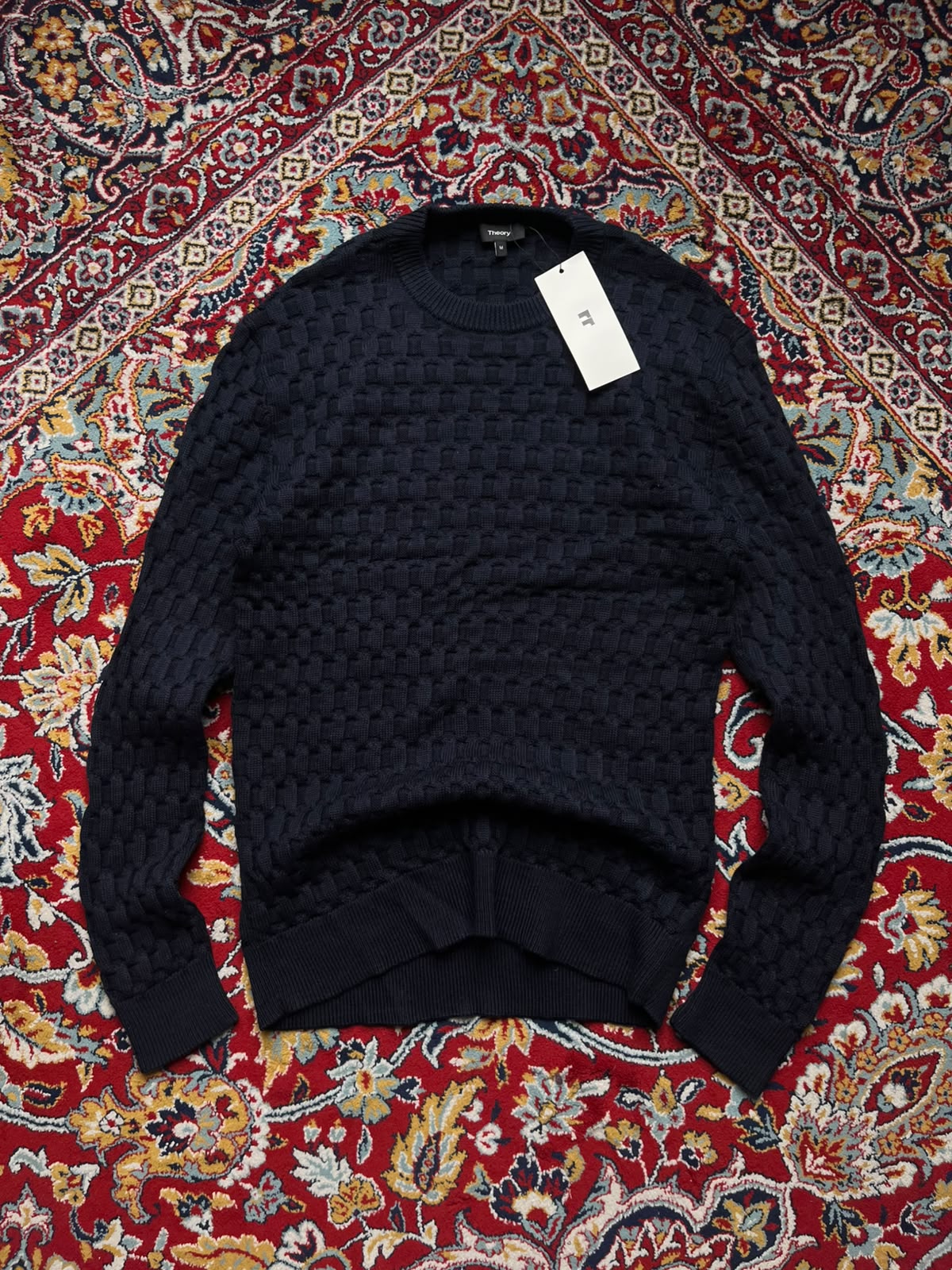 Theory Navy Blue Cashwool Basketweave Waffle Knit Crewneck Sweater - L