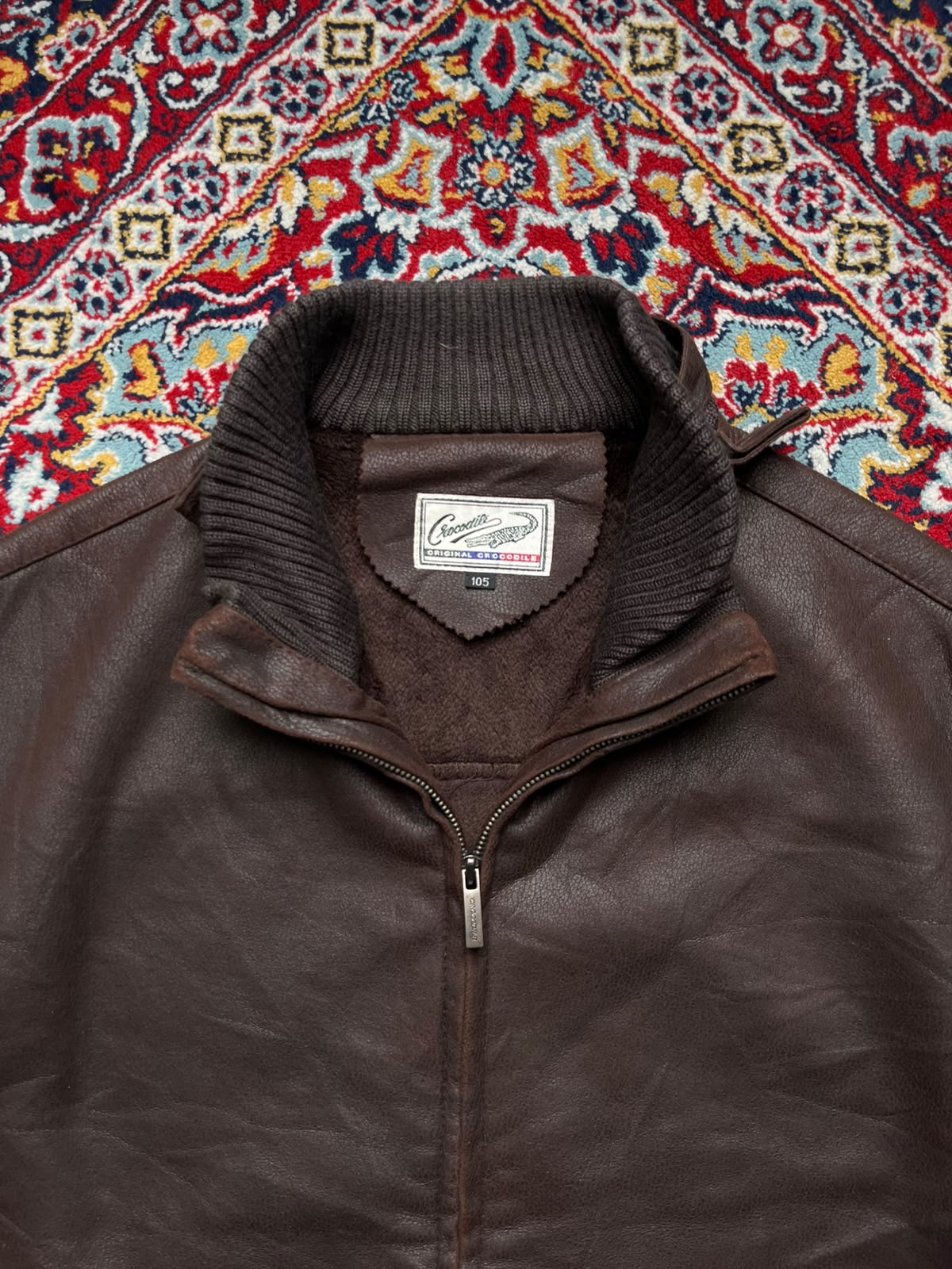 Vintage Crocodile Original Brown Leather Knit Sleeve JACKET - XL